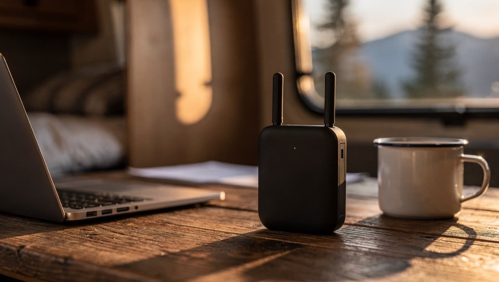 Router 5G portátil sobre una mesa en una autocaravana