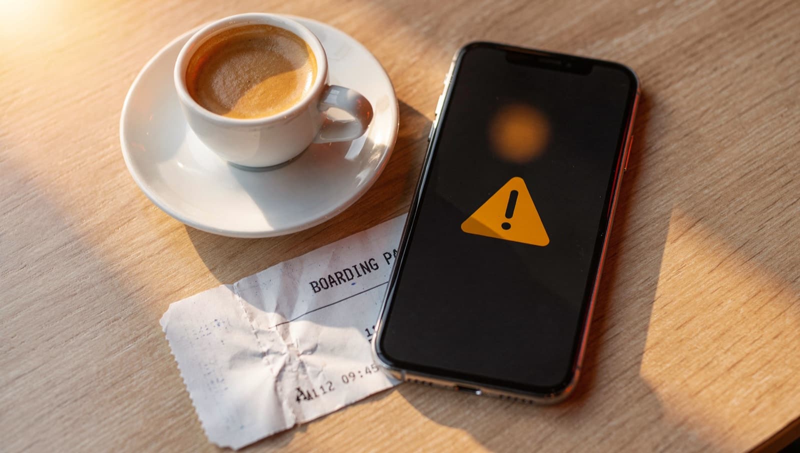 Móvil mostrando un aviso de conexión lenta junto a una taza de café